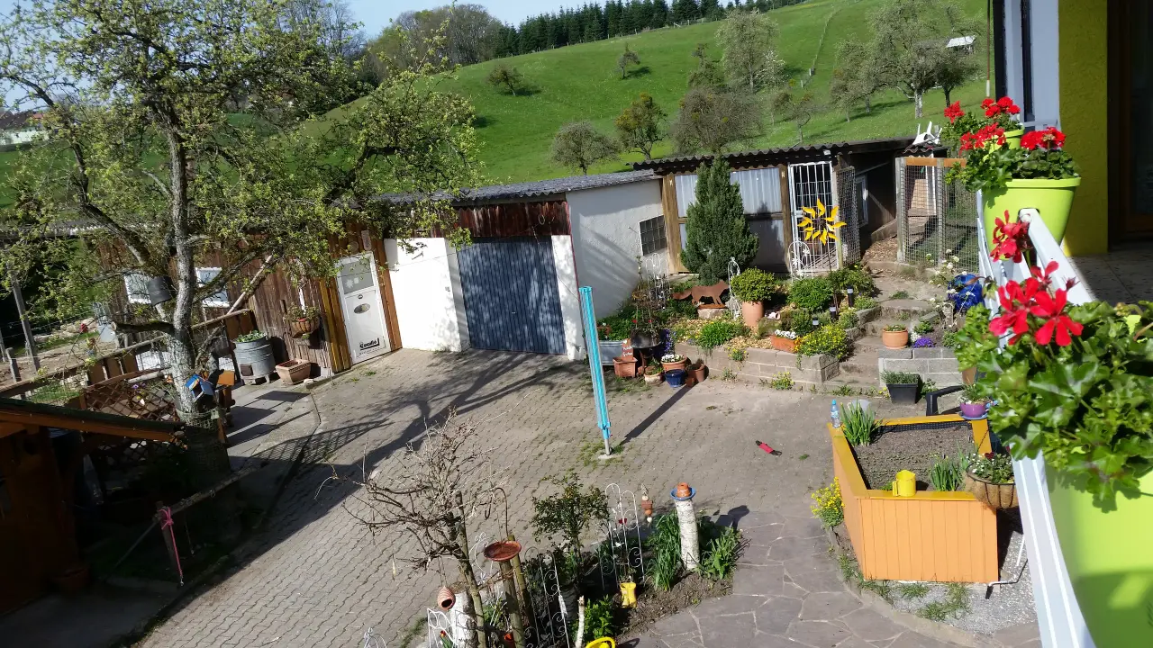 Blick von oben auf Hof und Beete, rechts ein blühender Blumenkasten