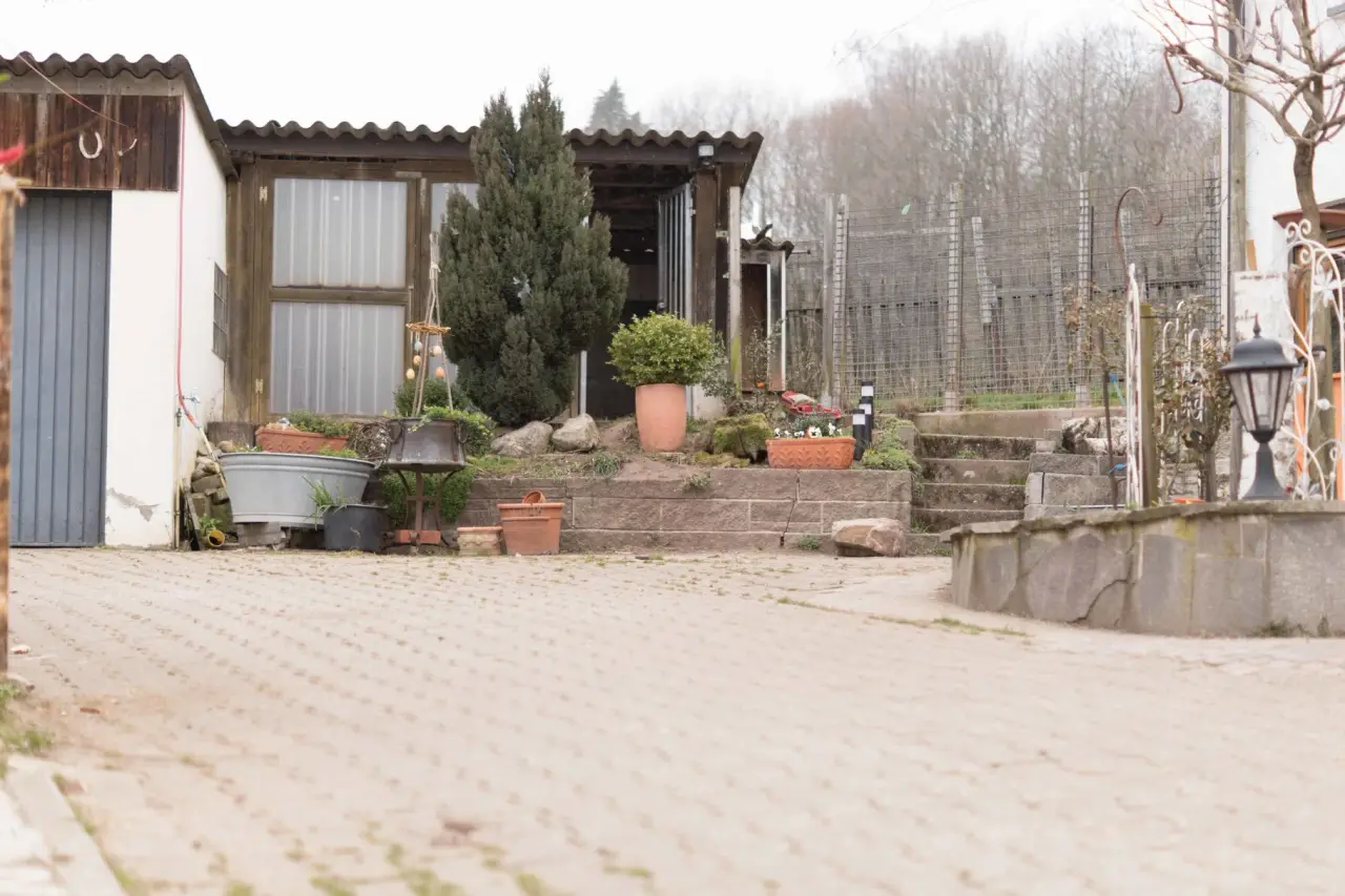 Gepflasterter Hof mit Beeten und einem Zaun zum Garten