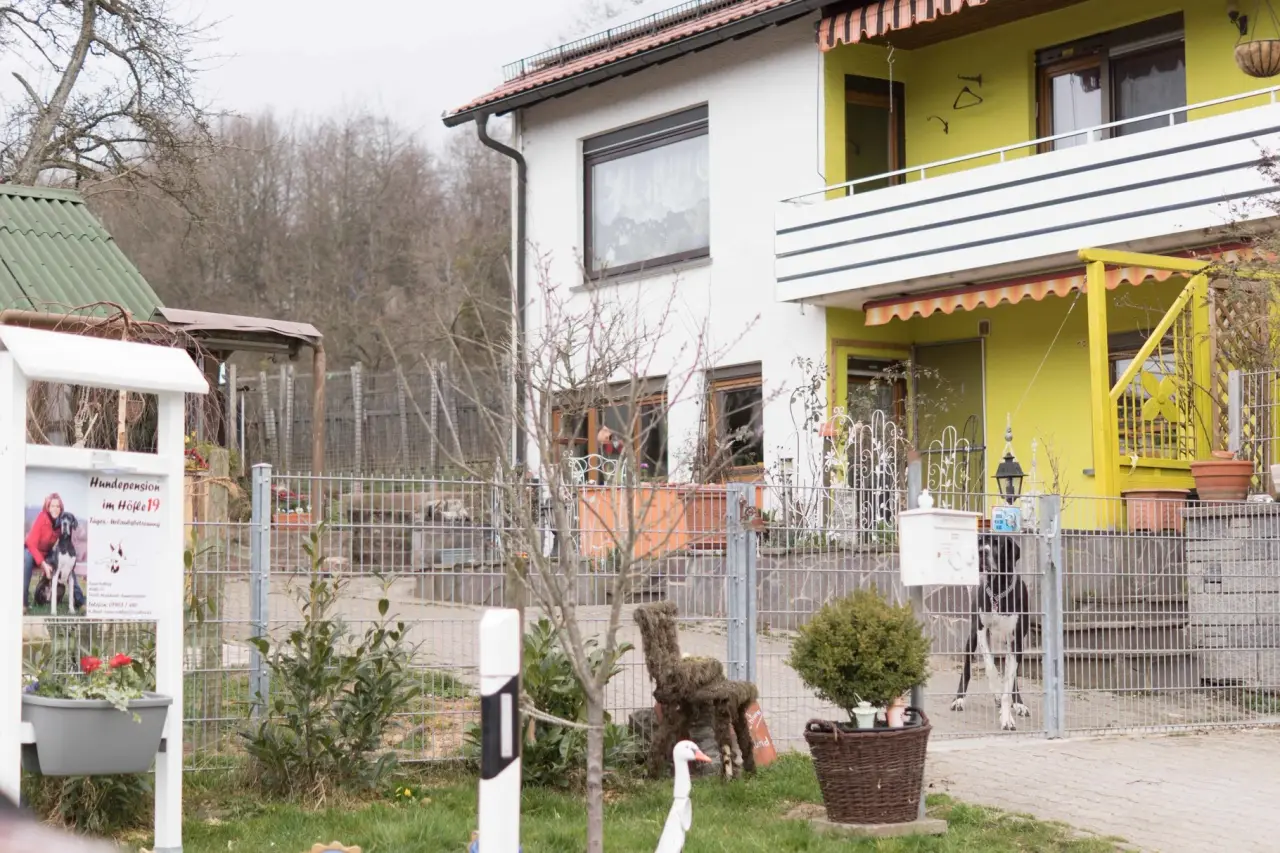 Wohnhaus mit Hofschild und Zaun, an der Tür steht ein Hund